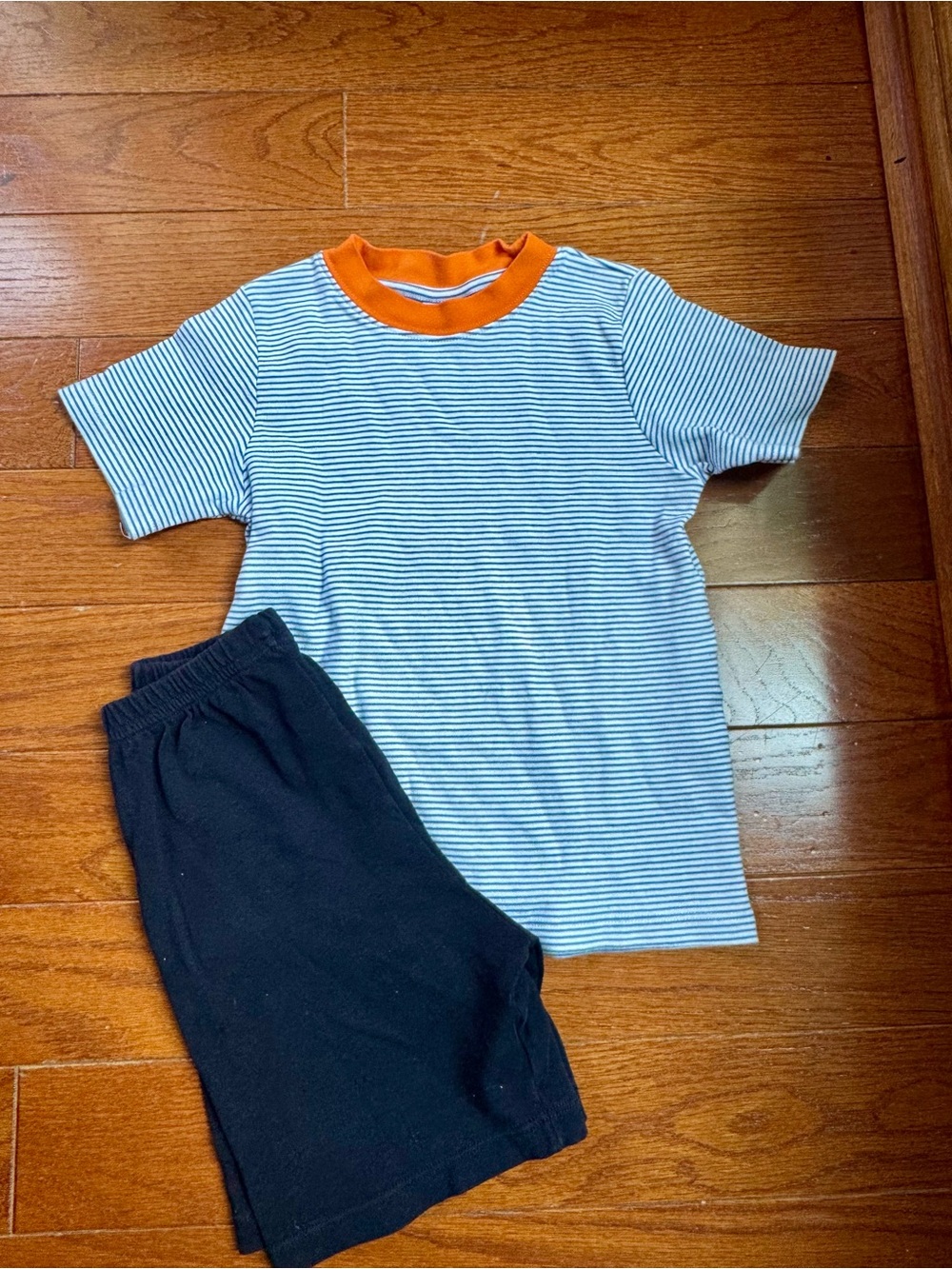 Boutique Boys Striped Navy Tee with Orange Neckline & Dark Navy Shorts Set
